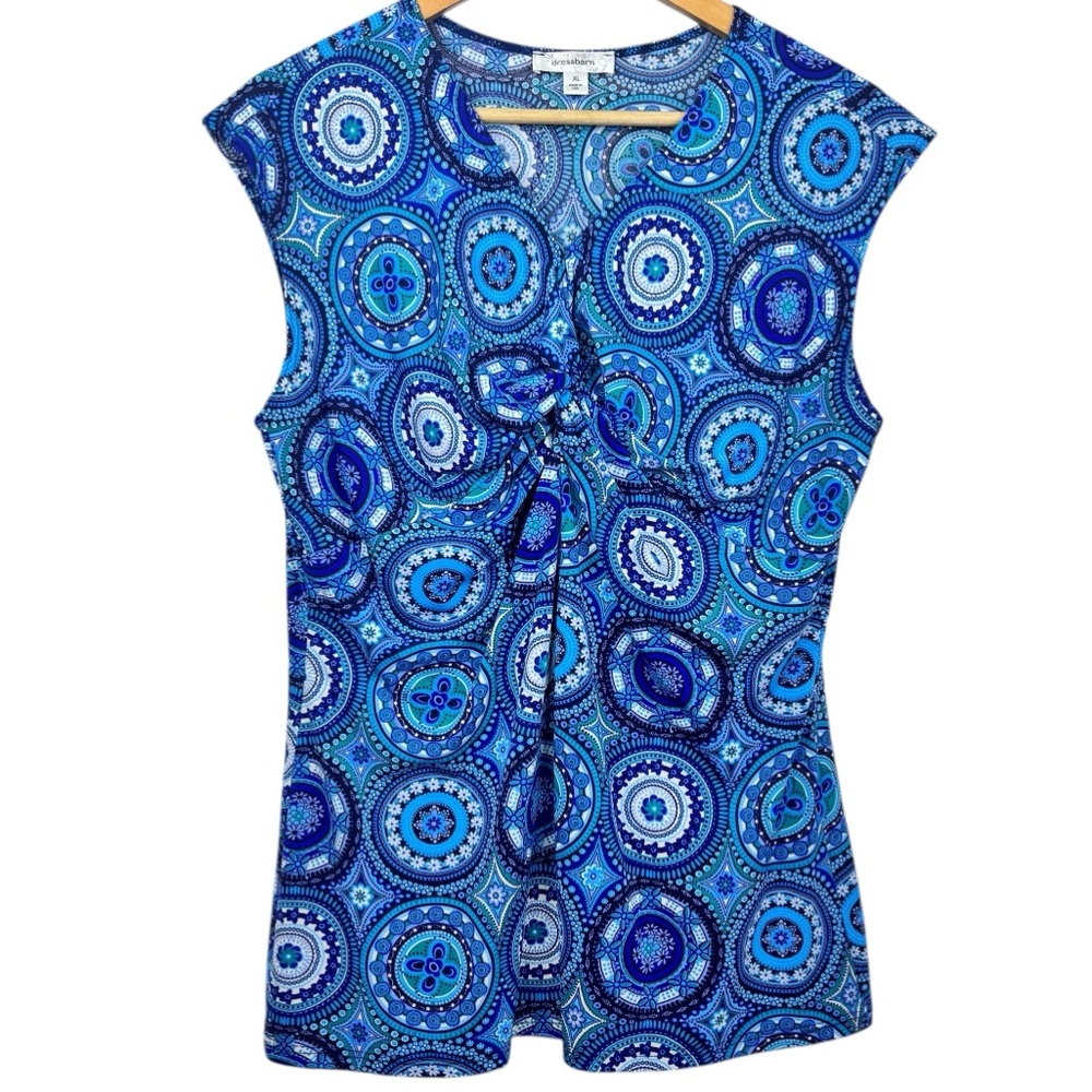 Dress Barn Shades of Blue Geometric Pattern Twist Front Sleeveless V-Neck XL